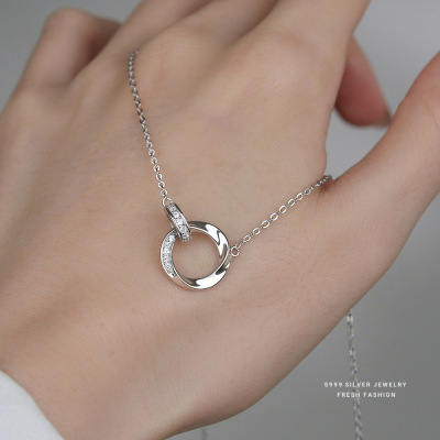莫比乌斯项链女s999纯银环环相扣几何闪钻吊坠轻奢简约足银锁骨链送女朋友老婆情人节七夕生日礼物