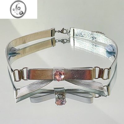 JiMi银色水钻蝴蝶结皮革项链y2k甜酷辣妹皮质项链choker颈链女