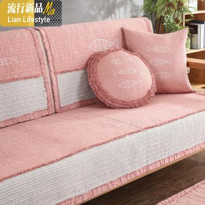 简约北欧色织棉沙发垫日式刺绣富贵鱼水洗棉防滑四季沙发巾罩 三维工匠坐垫