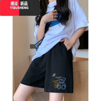YIBUSHENG短裤女季薄款运动阔腿裤时尚印花中裤透气显瘦休闲通勤五分裤子