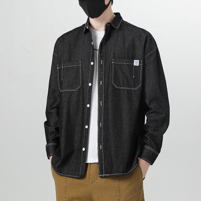 男装日系复古春秋季水洗牛仔衬衫纯色宽松工装长袖休闲衬衣男外套