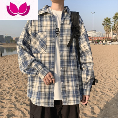 七斓格子衬衫男长袖百搭上衣小众潮流宽松港风日系潮牌学院痞帅气衬衣