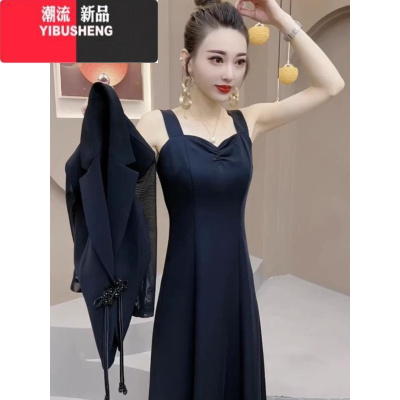 YIBUSHENG黑色吊带连衣裙女2024新款法式今年流行西服上衣两件套裙装