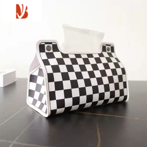 三维工匠文艺纸巾盒家用抽纸盒客厅摆设装饰车用纸巾套皮革创意纸抽盒 黑白格子[普通材料]