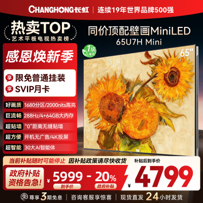 长虹电视65U7H Mini 65英寸电视 AI TV壁画 DeepSeek MiniLED 4K超高清平板电视政府补贴