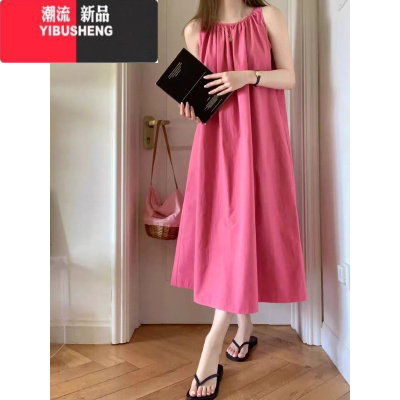 YIBUSHENG大码玫红色挂脖连衣裙女季三亚海边穿搭显白沙滩裙高级A字长裙