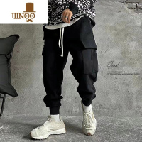 YANXU夏男运动裤束脚工装九分长裤子加肥大码休闲卫裤口袋潮牌秋薄