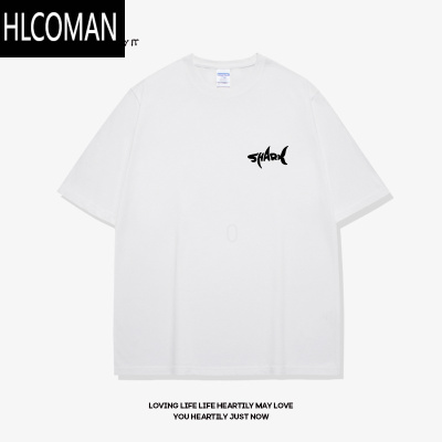 HLCOMANshark美式潮流短袖t恤男黑色宽松大码夏季新款简约半袖