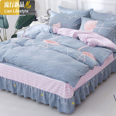 棉四件套床裙式棉床上床罩款带1.8m米被套荷叶边公主风夏 三维工匠