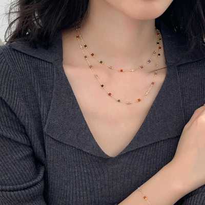 s925纯银彩色天然石串珠项链叠戴时尚百搭锁骨链气质毛衣链女送女朋友老婆情人节七夕生日礼物