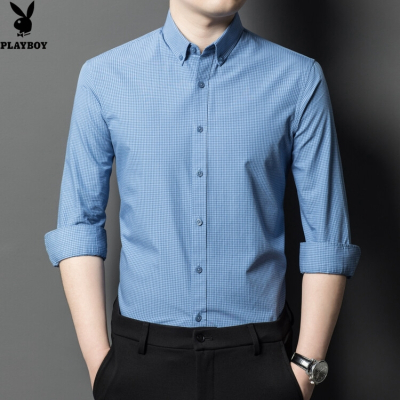 花花公子品质春秋新款全棉长袖男士衬衫细格子商务绅士中青年男装衬衣
