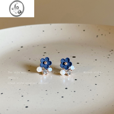 JiMi蓝色花朵珍珠耳钉女夏季法式复古耳环2023年新款潮轻奢高级感耳饰
