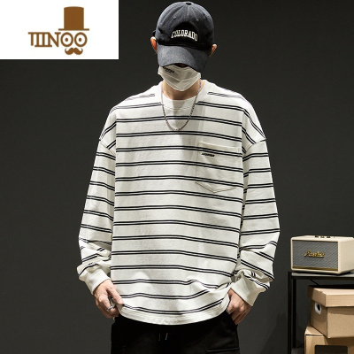 YANXU条纹长袖t恤男款美式潮牌圆领卫衣男生内搭打底衫