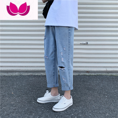 七斓韩版复古ins破洞牛仔裤男潮牌夏天宽松直筒裤潮流痞帅小脚九分裤