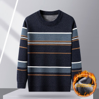 冬季加绒加厚保暖针织衫圆领日常休闲加绒条纹毛衫打底衫青年男装