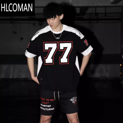 HLCOMAN77冰球短袖美式复古运动拼接休闲橄榄球服篮球嘻哈球衣T恤男女潮