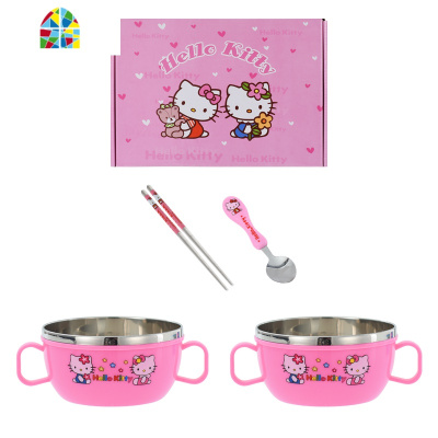 不锈钢碗儿童餐具套装宝宝防摔吃饭碗带盖卡通防烫双耳汤碗礼品碗 FENGHOU 蓝色2碗2勺(无盖)