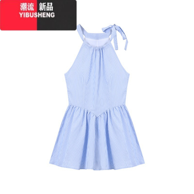 YIBUSHENG甜美风设计感褶皱挂脖连衣裙女季收腰显瘦气质蓝色蓬蓬a字短裙