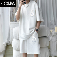 HLCOMAN小熊t恤男士夏季潮牌宽松短袖短裤篮球服一套华夫格运动套装