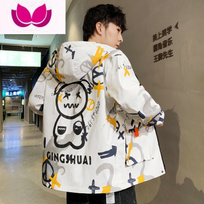 七斓涂鸦拼接连帽夹克男设计感小众宽松炸街外套ins潮牌痞帅上衣
