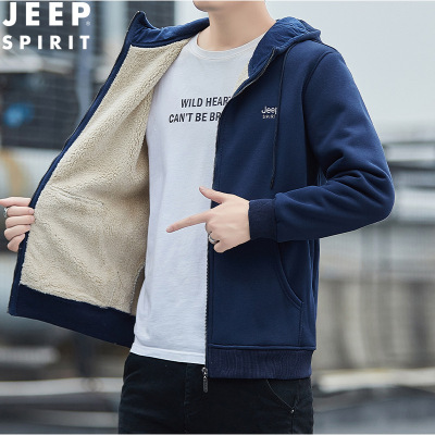 JEEP SPIRIT吉普男士夹克加绒加厚抓绒夹克连帽开衫外套摇粒绒秋冬保暖上衣