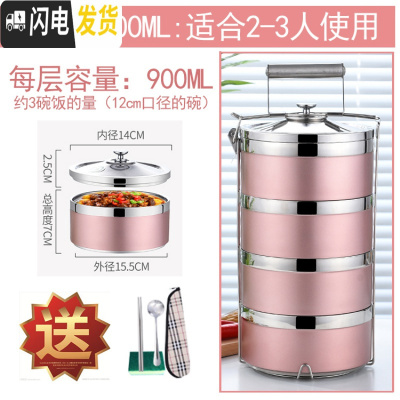 三维工匠炫彩304不锈钢多层保温饭盒组合密封食格提篮学生成人便携提锅 16cm四层玫瑰金+两件套+百洁布
