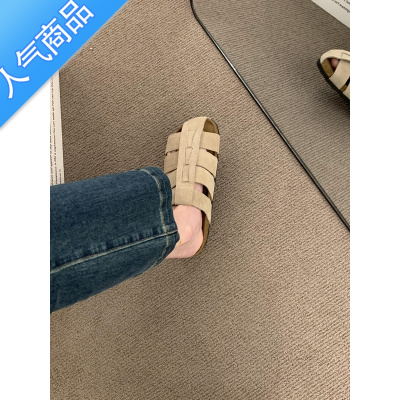 SUNTEK森系复古磨砂包头半拖鞋女外穿松糕厚底镂空猪笼鞋海边沙滩鞋