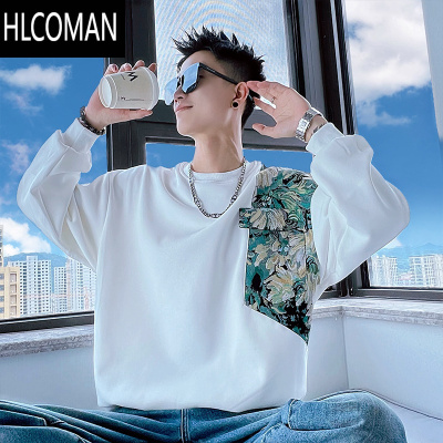 HLCOMAN卫衣男潮牌拼接刺绣T恤高级感宽松长袖上衣2024新款加绒外套