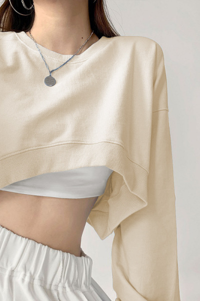 八色可选 秋装性感宽松卫衣女短款上衣纯色长袖T恤女休闲女装