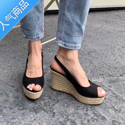 SUNTEK2023年春浅口鱼嘴绒面防水台厚底麻绳编织坡跟凉鞋10M超高跟女鞋