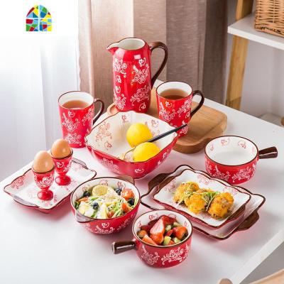 陶瓷餐具中式碗碟套装2人组合家用结婚礼品情侣送礼西式碗盘杯 FENGHOU 喜庆吉红 12件