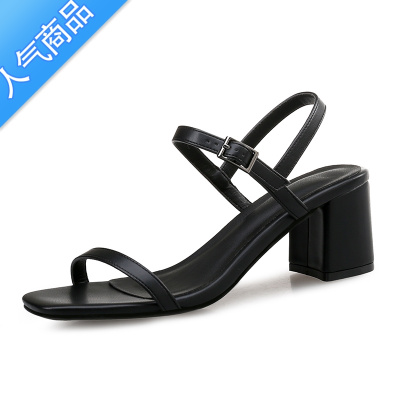 SUNTEK新款网红露趾方头凉鞋一字扣带晚晚同款中跟粗跟仙女大码小码定做