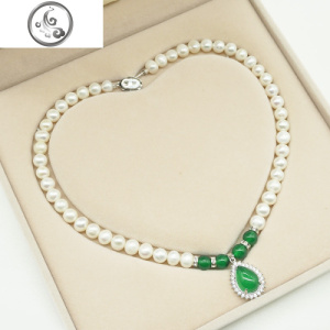 淡水珍珠项链女纯银镶天然绿玛瑙吊坠手链套装母亲节送妈妈婆婆礼 JiMi