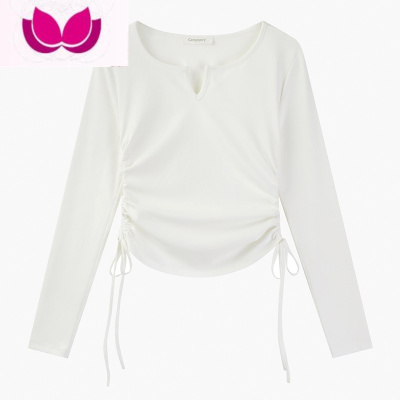 七斓v领长袖t恤女显瘦短款春节2023年新款韩版设计感小众内搭辣妹上衣