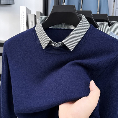 秋季男士毛衣翻领假两件T恤领针织衫宽松爸爸装毛衫男式打底上衣t