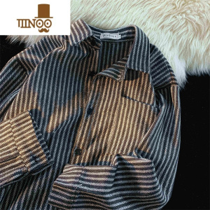 YANXU条纹vintage衬衫古着感男韩版长袖衬衣服日系cityboy外套潮