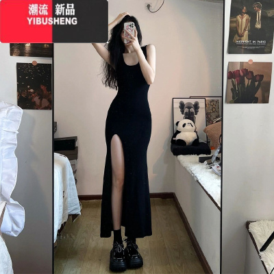 YIBUSHENG性感纯欲甜辣妹黑色吊带连衣裙子女季修身开叉包臀心机背心长裙