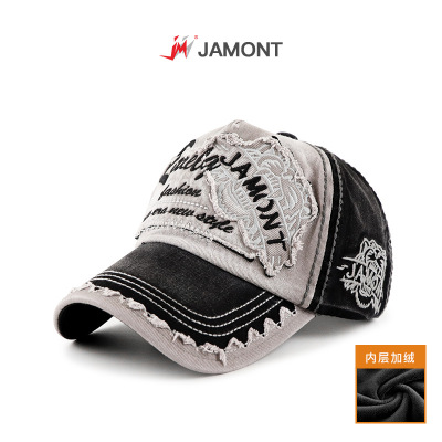 秋冬季加绒加厚棒球帽水洗做旧拳头鸭舌帽老虎头帽子保暖刺绣鲨鱼