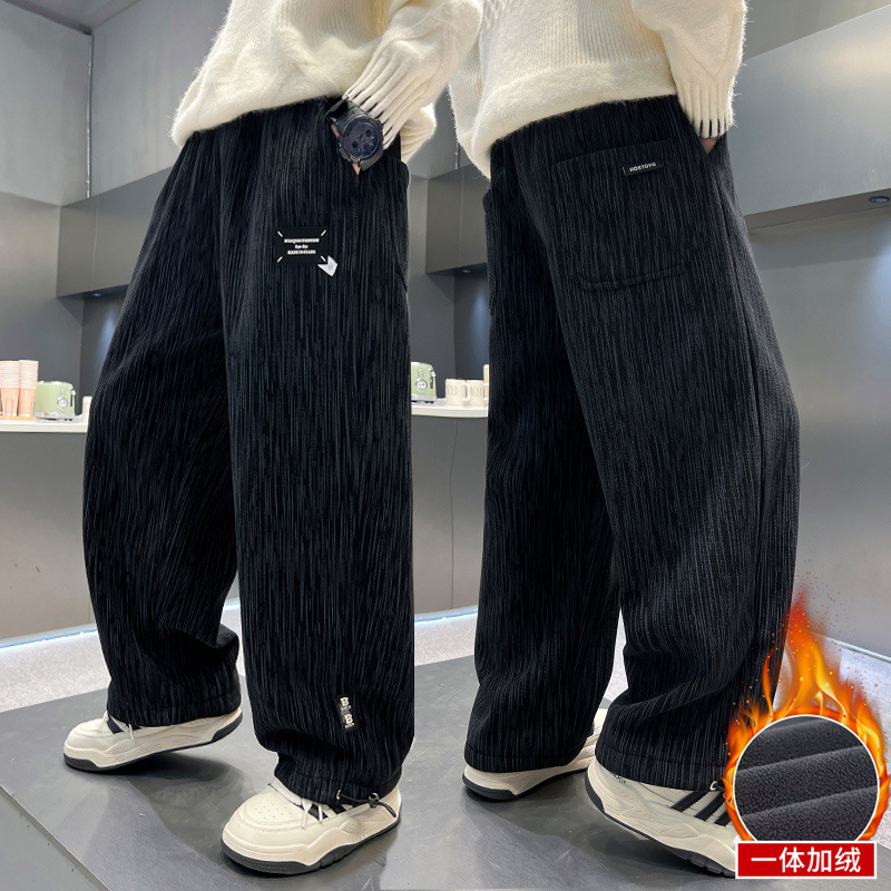 男童条绒裤加绒加厚一体绒直筒宽松新款帅气潮童中大童休闲裤