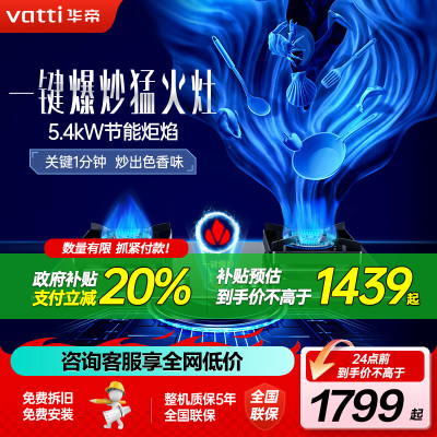 华帝(vatti)5.4KW燃气灶双眼灶具 一键爆炒家用猛火 嵌入式充电/电池两用全进风玻璃灶台i10095B 天然气