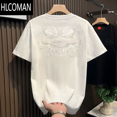 HLCOMAN中国风醒狮刺绣短袖t恤男士2025夏季新款休闲半袖体恤青年打底衫