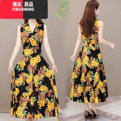 YIBUSHENG牛奶丝连衣裙女2024年气质中年妈妈大码无袖长裙碎花吊带大摆裙