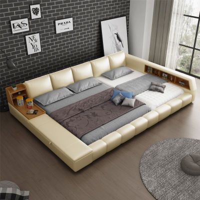 榻榻米真皮床现代简约双床3米超大拼接床2米2.2米2.4亲子主卧