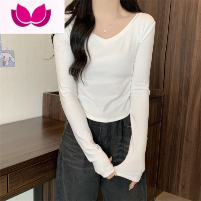 七斓辣妹V领长袖正肩打底衫修身T恤女秋季小众短款内搭不规则白色上衣