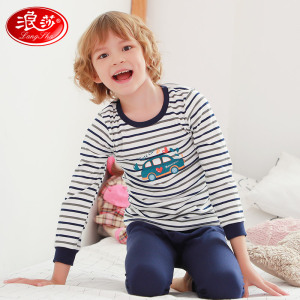 男童秋衣秋裤儿童纯棉男孩冬季棉毛衫女童中大童保暖内衣套装全棉_617870 条纹小汽车 140cm