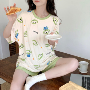 带胸垫莫代尔睡衣女士夏季韩版短袖短裤套装夏款可外穿宽松家居服