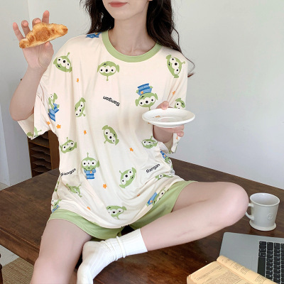 带胸垫莫代尔睡衣女士夏季韩版短袖短裤套装夏款可外穿宽松家居服