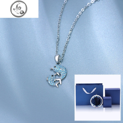 S925纯银海豚项链女锆石水晶吊坠女友闺蜜生日鲸鱼锁骨链 JiMi