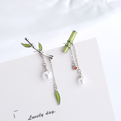 s925纯银复古中国风小众不对称滴釉竹节耳坠女小清新唯美流苏耳饰送女朋友老婆情人节七夕生日礼物