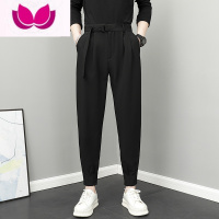 七斓裤子男秋季新款男生九分裤潮流修身小脚裤系带痞帅束脚拉链小西裤